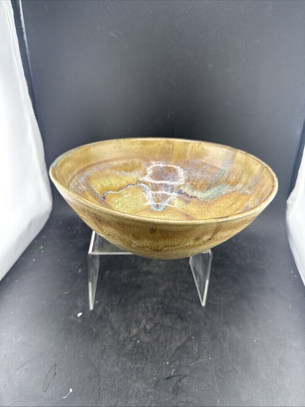 Vintage Studio Pottery Bowl 8" Handmade Ceramic Multi Tone Gold Brown Drip Glaze